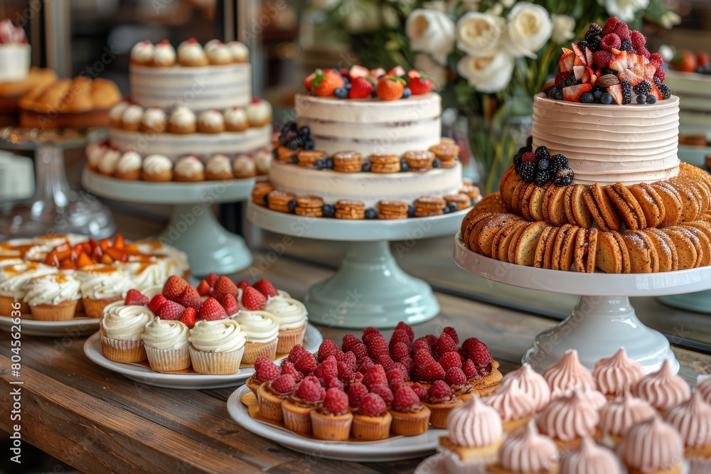 A stunning dessert table laden with assorted pastries and fruit-topped cakes, perfect for a luxurious and tempting buffet setup