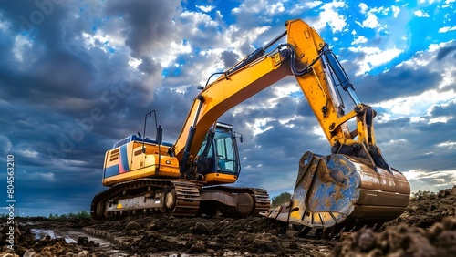 Excavator preparing soil for construction heavy machinery in earthworks industry. Concept Excavator Machinery, Soil Preparation, Construction Equipment, Earthworks Industry photo