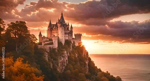 A breathtaking castle perched on a cliff glows warmly in the golden light of a sunset exuding fantasy and romance photo