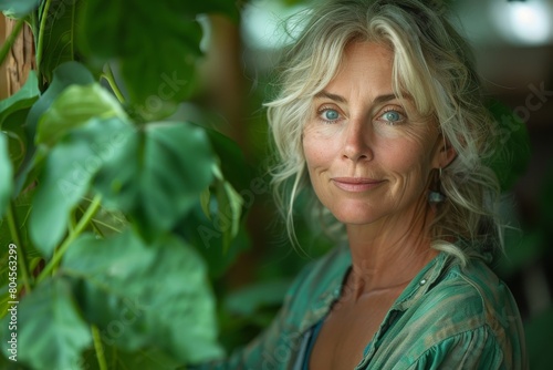 Mature woman with blue eyes and blonde hair looks optimistically near indoor plants