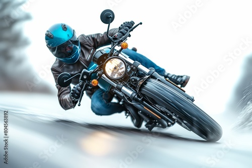 Biker performing a high-speed turn on a motorcycle photo