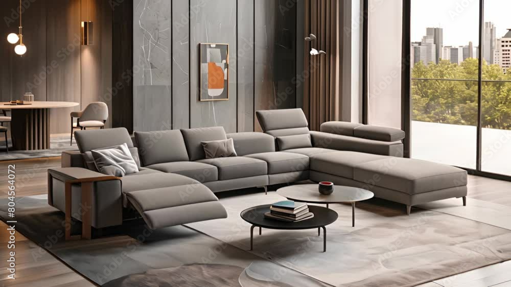 A modern living room with a grey sectional sofa and a coffee table. The ...
