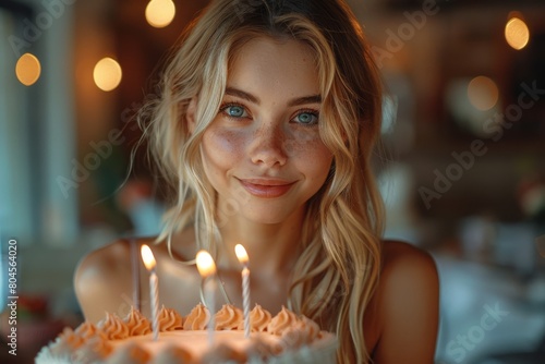 Smiling woman holding a birthday cake with lit candles in a festive atmosphere