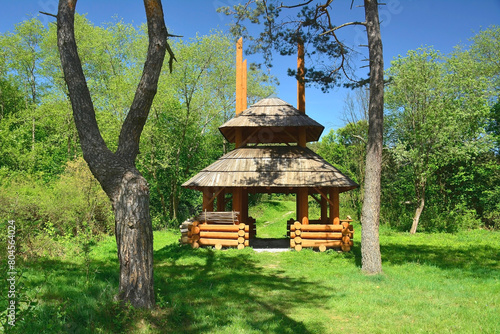 Traditional wooden gazebo in resting place, Rostajne, Low Beskids (Beskid Niski), Poland