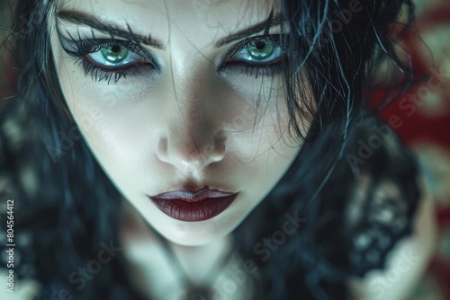 A woman with dark hair, piercing green eyes, and bold lips in an intense look
