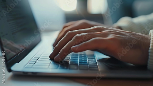 Businessman or student using laptop at home, Man hands typing on computer keyboard closeup, business. online learning, internet marketing, working from home, office workplace, freelance concept