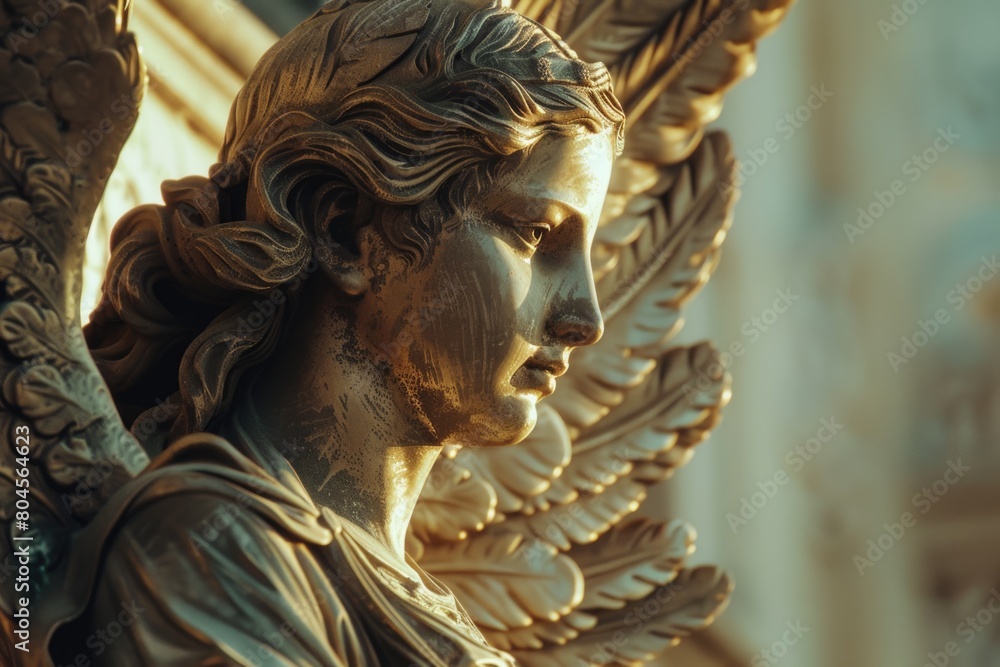 Detailed view of an angel statue, suitable for religious or memorial concepts Detailed view of an angel statue, suitable for religious or memorial concepts