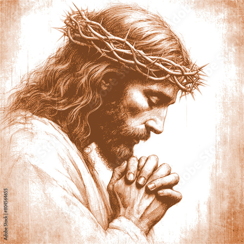 pencil sketch drawing, grunge style - jesus christ praying (peach colour - artwork 7)