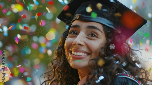 A young woman in a graduation cap smiles as she looks up at the sky. She is surrounded by colorful confetti.