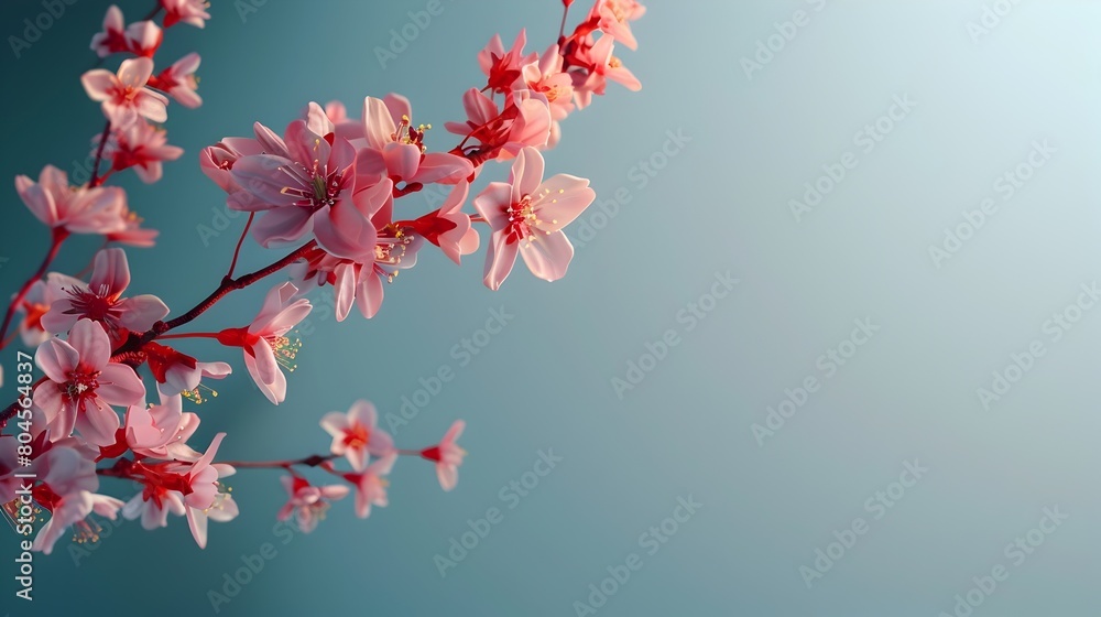 Vibrant Pink Cherry Blossom Branches in Full Bloom on a Soft Teal Background Vibrant Pink Cherry Blossom Branches in Full Bloom on a Soft Teal Background