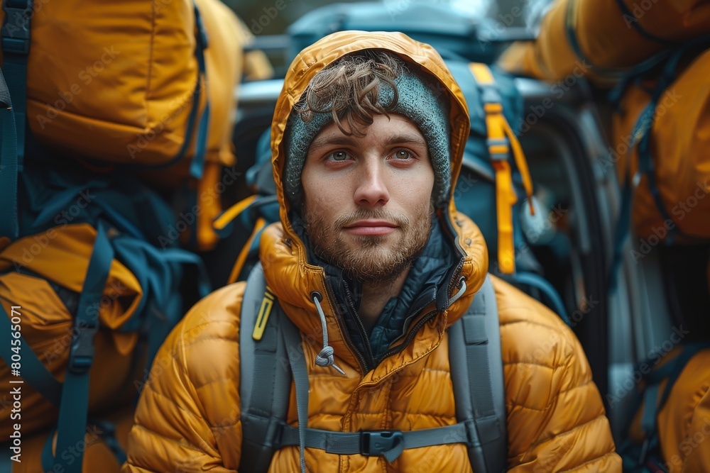 A young introspective male traveler sits in a car surrounded by backpacks and gear A young introspective male traveler sits in a car surrounded by backpacks and gear