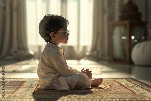 A little boy sitting on a rug in a room. Suitable for home decor concepts