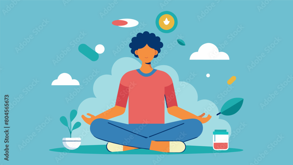 A person sits in meditation pose taking deep breaths and intentionally swallowing their psychiatric medication bringing awareness to the effects it. A person sits in meditation pose taking deep breaths and intentionally swallowing their psychiatric medication bringing awareness to the effects it.