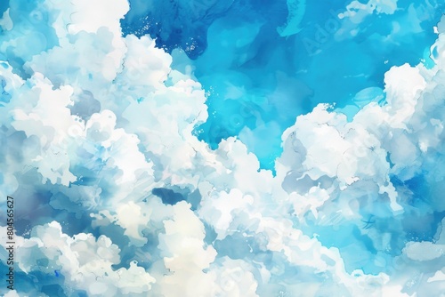A serene painting of a blue sky with fluffy white clouds. Ideal for backgrounds or nature-themed designs