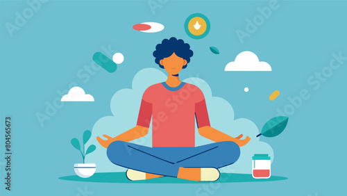 A person sits in meditation pose taking deep breaths and intentionally swallowing their psychiatric medication bringing awareness to the effects it. © Justlight