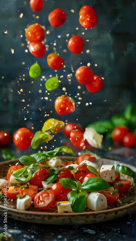 Levitating caprese salad ingredients. Italian caprese salad with tomatoes, mozzarella cheese, basil and pesto sauce Levitating caprese salad ingredients. Italian caprese salad with tomatoes, mozzarella cheese, basil and pesto sauce