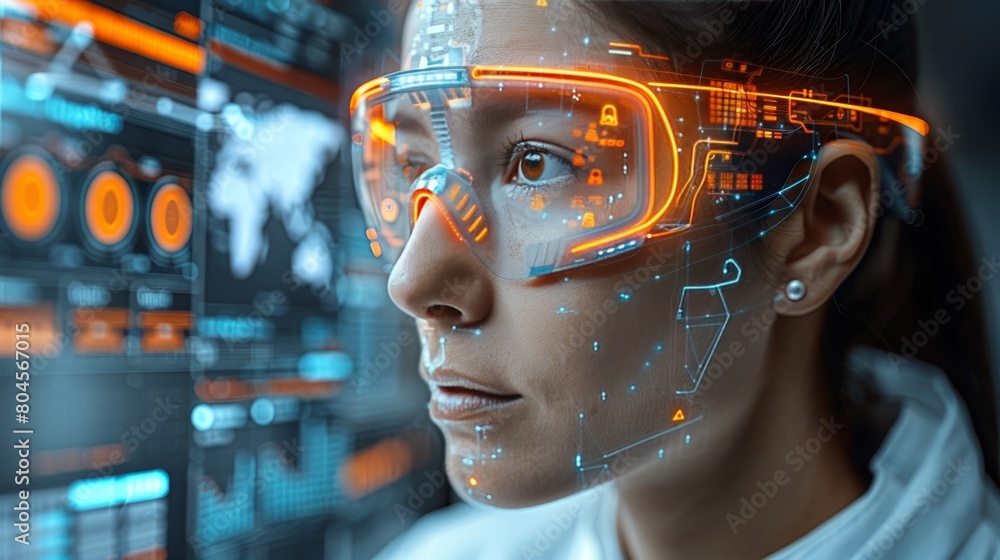 Black woman with tech pattern overlay, symbolizing cyber security analyst in ai workplace Black woman with tech pattern overlay, symbolizing cyber security analyst in ai workplace