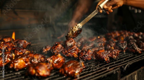 A barbecue enthusiast flipping chicken thighs on the grill, showcasing culinary expertise and passion."