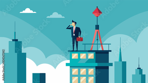 From the top floor of a nearby highrise building a businessman watches the signal towers signals with a mix of fascination and disdain..