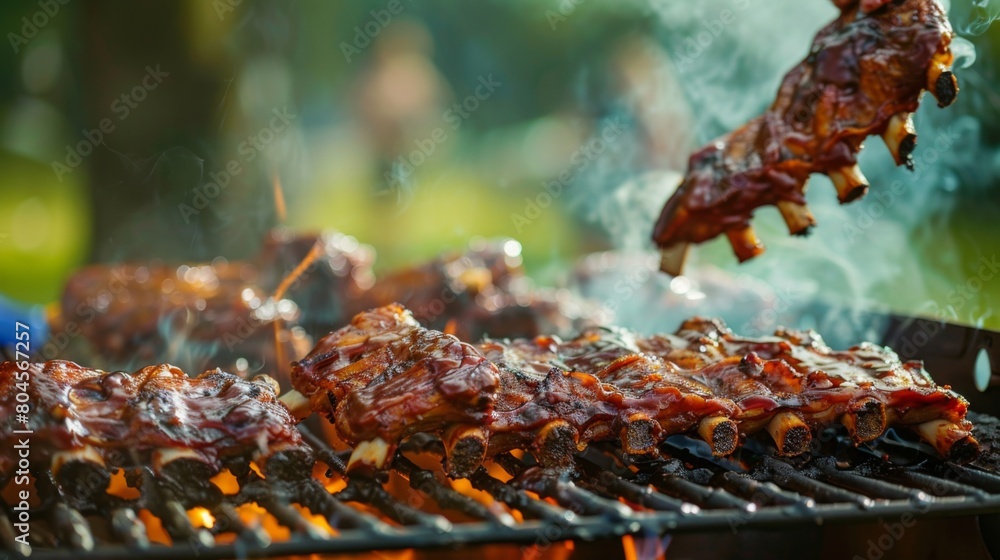 A barbecue enthusiast flipping racks of smoky pork ribs on a grill, a summertime tradition.