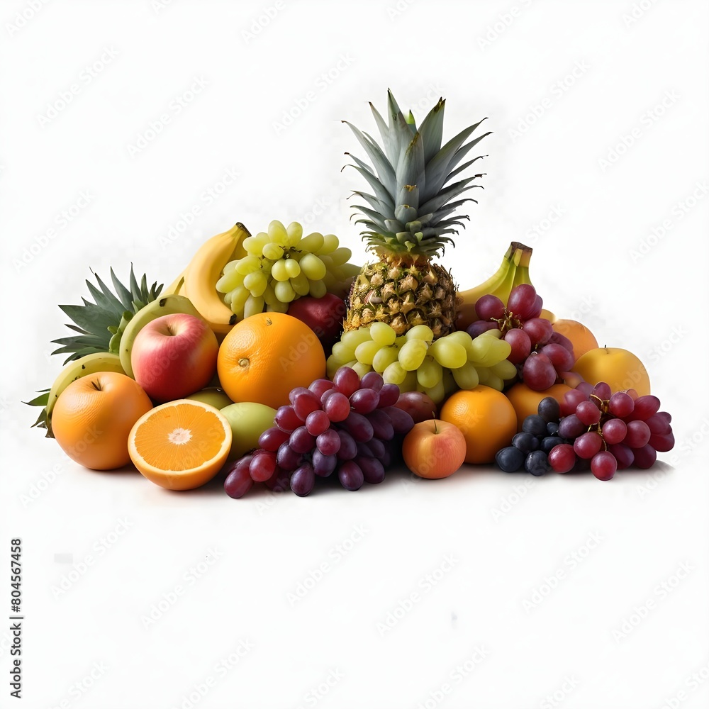 A variety of fresh fruits including pineapple, bananas, oranges, apples, grapes, and other colorful produce arranged