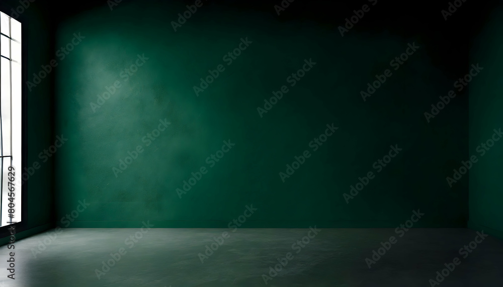 Abstract Dark green wall in an empty room with a concrete floor on digital art concept, Generative AI.