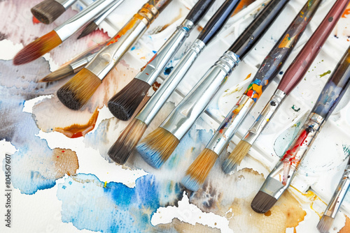 An array of watercolor lift-off brushes, designed specifically to remove and lighten paints, on a white canvas. photo