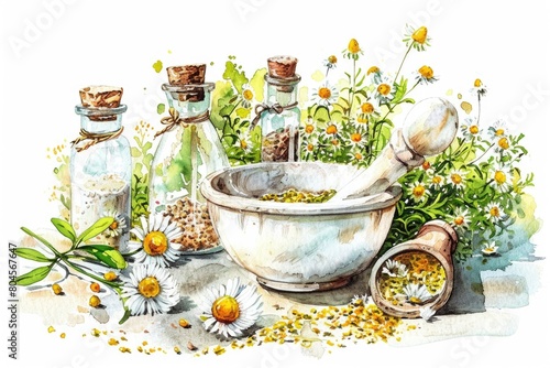 A detailed painting of a mortar and a bowl of fresh herbs. Ideal for culinary and herbal medicine concepts