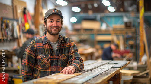 Artisan smiling in woodworking workshop photo