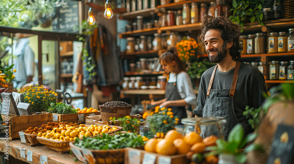 Cheerful shopkeeper in bustling local grocery store Cheerful shopkeeper in bustling local grocery store