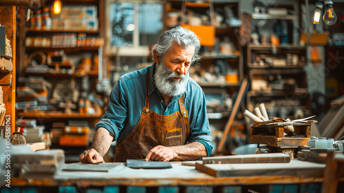 Skilled craftsman examines plans in his woodshop surrounded by tools and creations photo