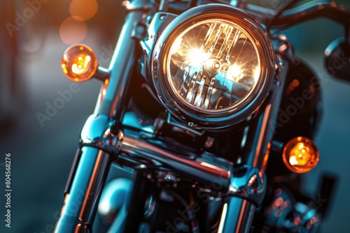 Detailed view of a motorcycle headlight, perfect for automotive designs © Fotograf