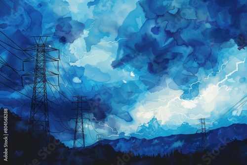 An artistic depiction of power lines against the sky. Suitable for technology or energy concepts