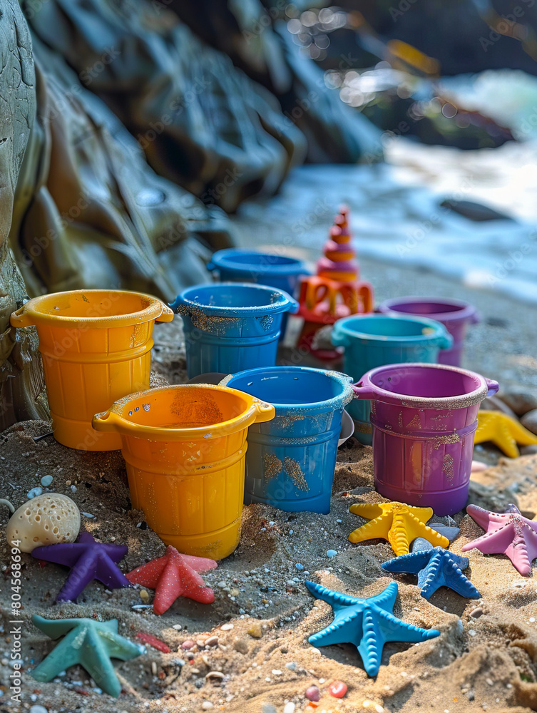Vibrant beach toy arrangement on sandy shore Vibrant beach toy arrangement on sandy shore