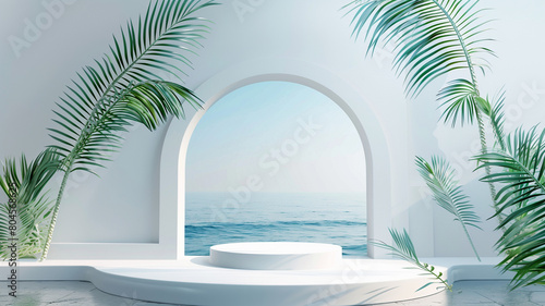 white empty podium showcase for product decorated with palm leaves as frame and The back wall is the sea. , advertising concept background © OHishi_Foto