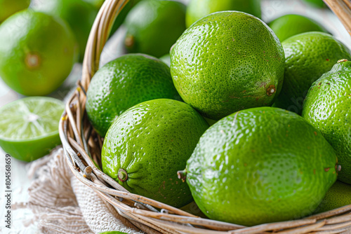 An assortment of fresh, vibrant green limes, their glossy skins detailed, neatly arranged in a rustic wicker basket on a white canvas.