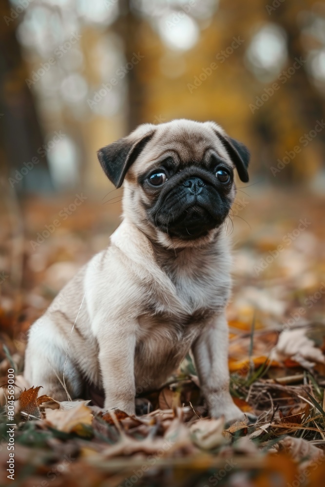 Cute pug dog sitting in a pile of autumn leaves, perfect for pet or fall themed designs Cute pug dog sitting in a pile of autumn leaves, perfect for pet or fall themed designs