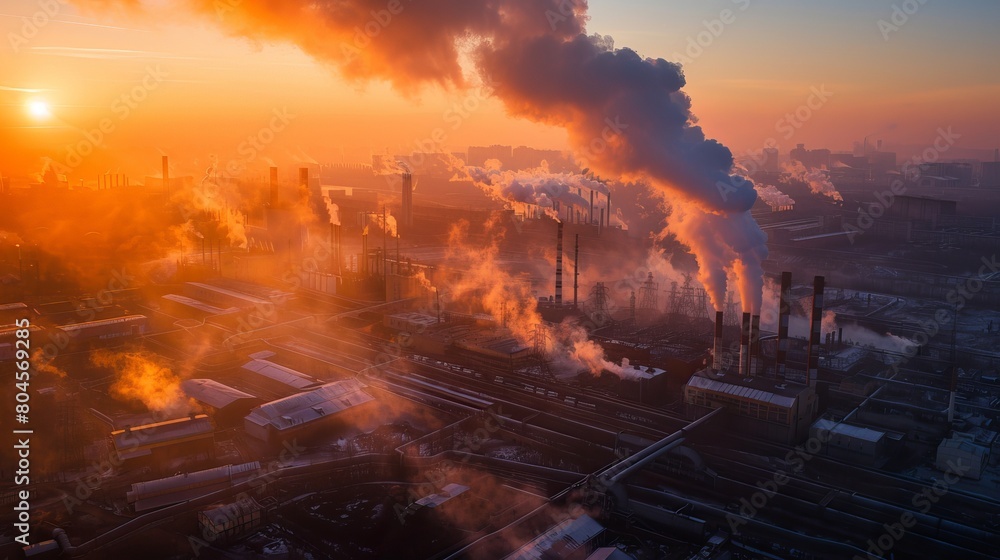 Aerial photograph capturing the dawn scene of an industrial metallurgical plant emitting smoke and smog, reflecting concerns about environmental pollution.