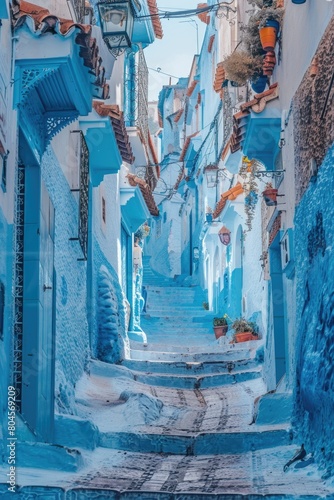 A picturesque view of a narrow street with blue painted buildings and steps. Ideal for travel brochures © Fotograf