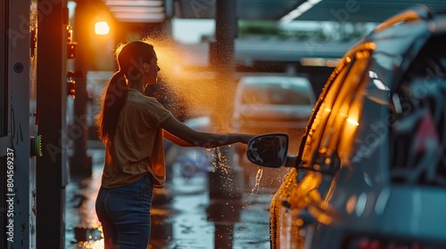 A woman cleaning her car at a self-service car wash station. photo