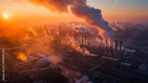 Aerial photograph capturing the dawn scene of an industrial metallurgical plant emitting smoke and smog  reflecting concerns about environmental pollution.