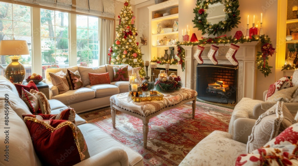 A beautifully decorated living room adorned with festive decorations, ready for holiday gatherings.