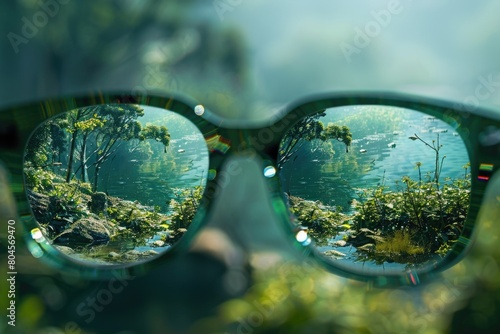 Sunglasses reflecting a peaceful forest scene. Suitable for nature and travel concepts