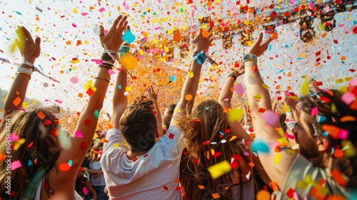A group of individuals joyfully throwing confetti in the air, celebrating a special occasion together.