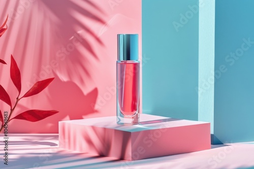 A bottle of perfume on a table, suitable for beauty or lifestyle concepts