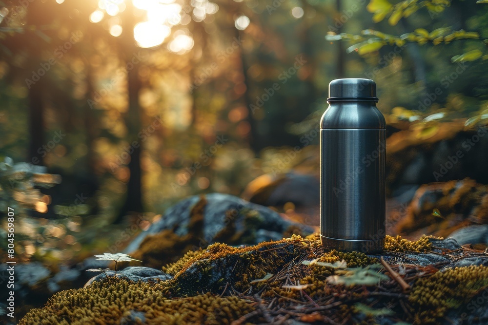 A stainless steel water bottle rests on mossy ground amongst forest trees with enchanting golden hour light A stainless steel water bottle rests on mossy ground amongst forest trees with enchanting golden hour light