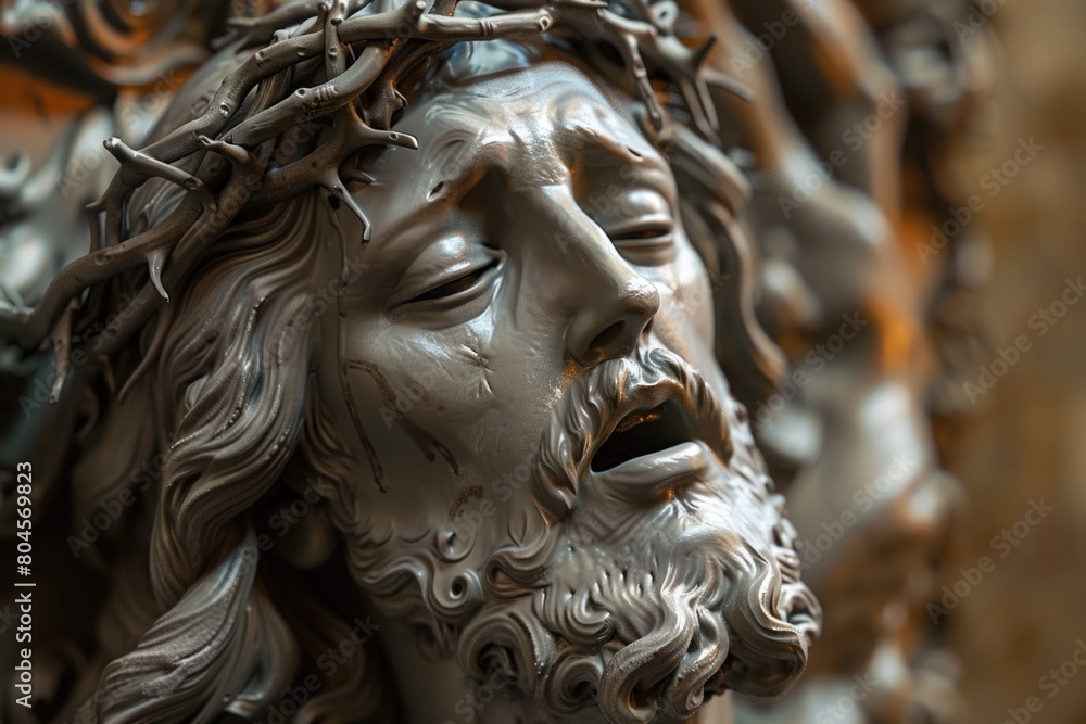 Statue of Jesus wearing crown of thorns, suitable for religious themes Statue of Jesus wearing crown of thorns, suitable for religious themes