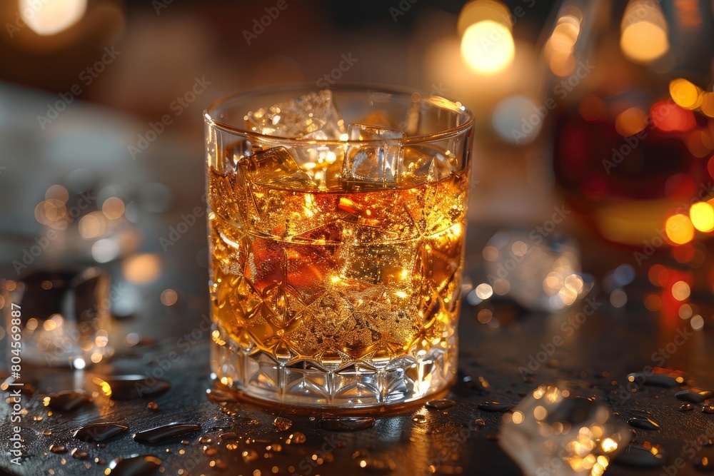 A close-up of a whiskey glass filled with ice, liquid, and warm lighting on a wet bar counter A close-up of a whiskey glass filled with ice, liquid, and warm lighting on a wet bar counter