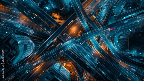 Aerial view Above an elevated road junction and the movement of important transport at night. photo