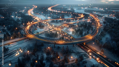 Aerial view Above an elevated road junction and the movement of important transport at night.